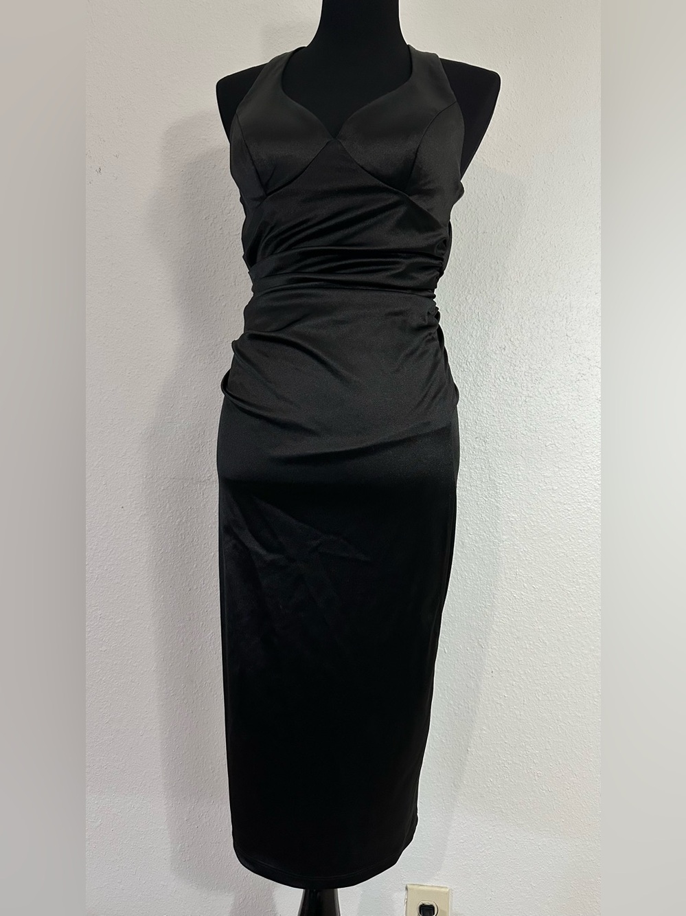 B. Darlin Black Satin Halter Ruched Tie Back Midi Dress Size 9/10